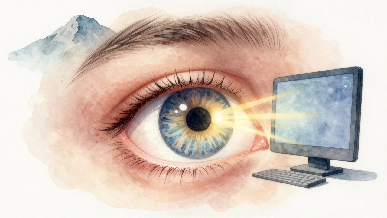 Схематичное изображение глаза с расслабляющимися мышцами, солнечными лучами и далёким горизонтом.