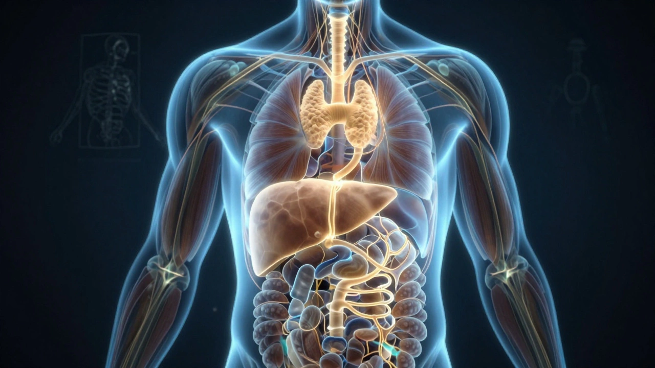 Силуэт человека с подсвеченными внутренними органами, символизирующими обмен веществ.