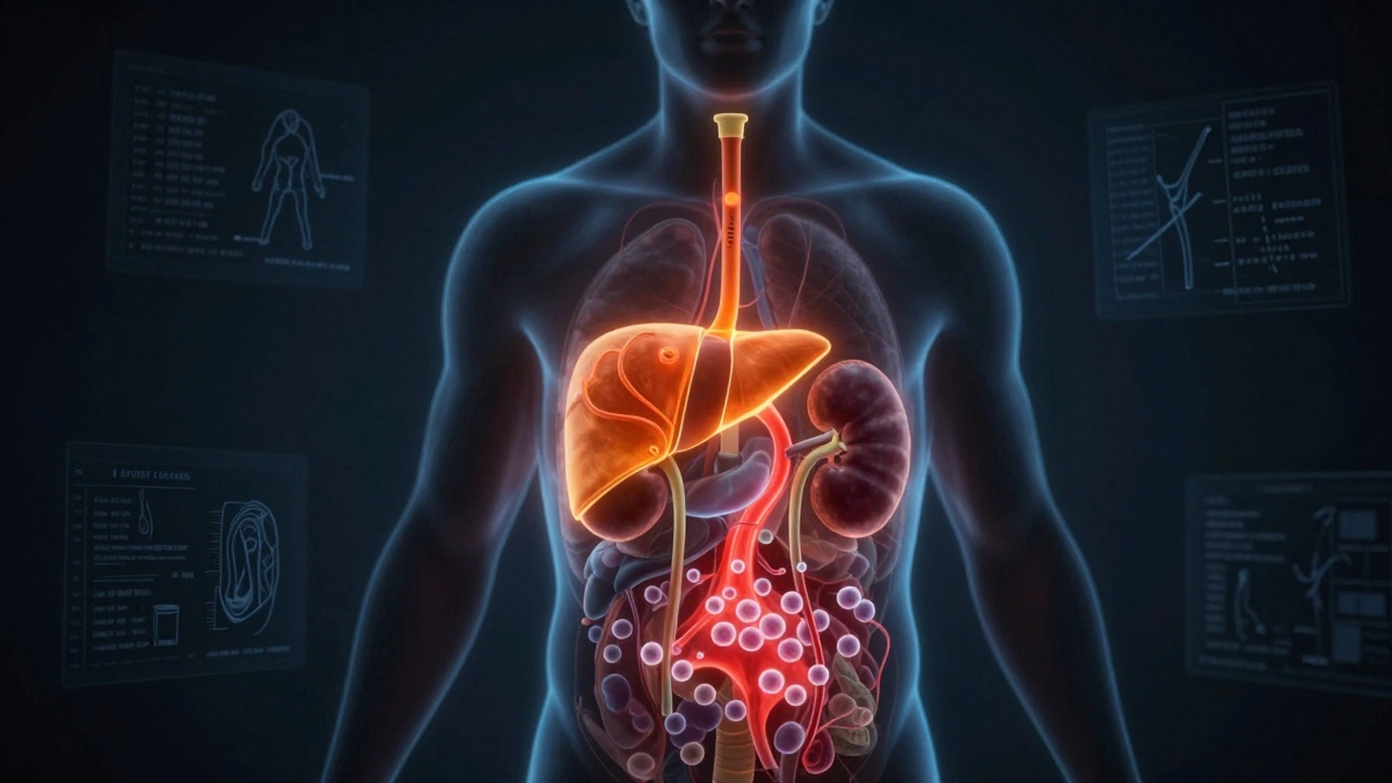 Силуэт человека с светящимися внутренними органами, указывающими на нарушения в крови: печень, почки, костный мозг.