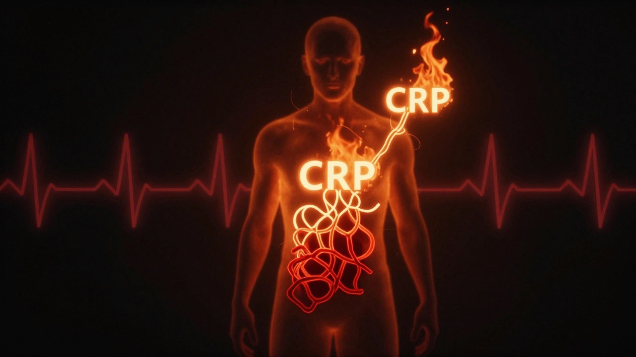 Силуэт человека с визуализацией маркеров воспаления: СРБ, фибриноген и скрытое железо.