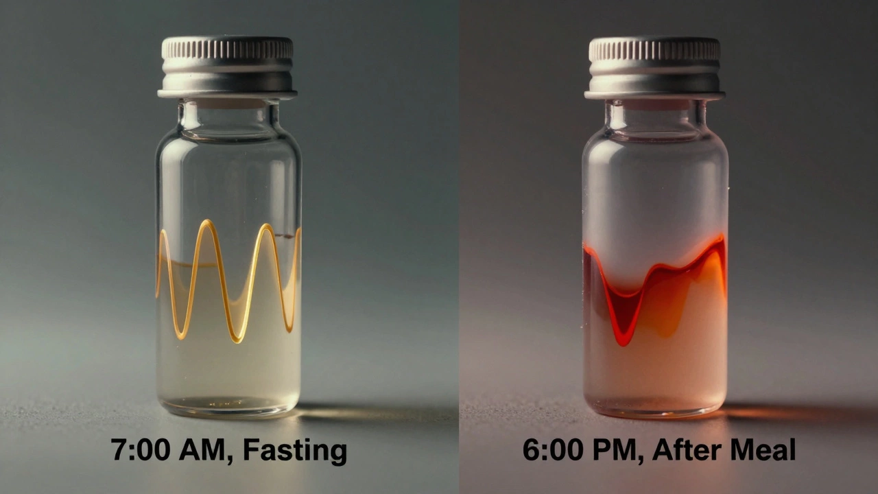 Сравнение двух проб крови: утренняя чистая и вечерняя с искажёнными уровнями гормонов и жиров.