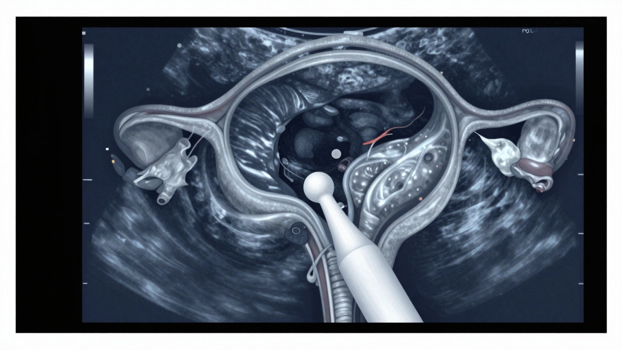УЗИ-изображение яичника с простой кистой, без внутреннего кровотока и перегородок.