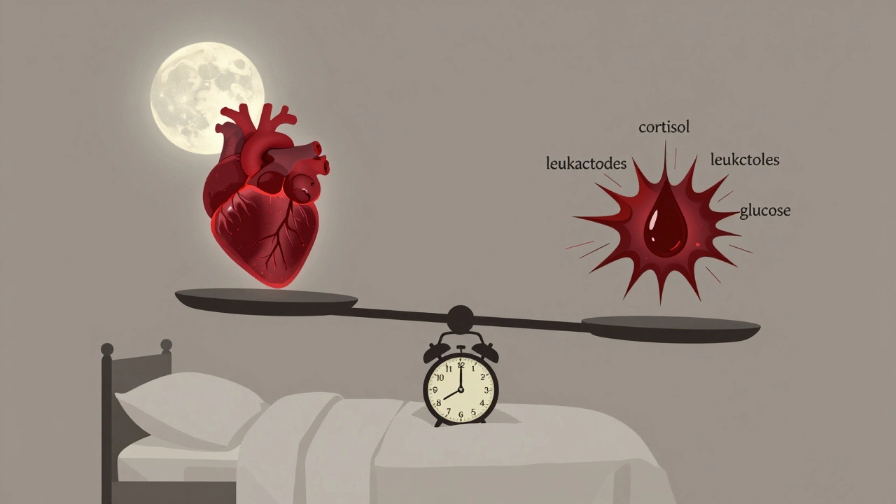 Весы: здоровое сердце против крови, искаженной бессонницей, под ними разбитая кровать.