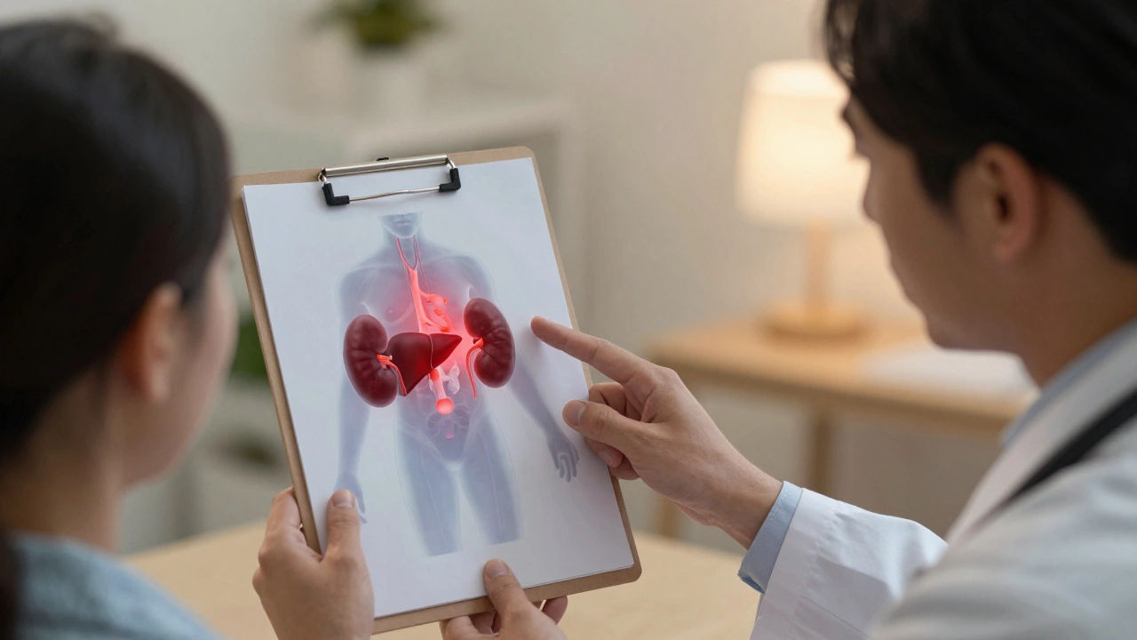 Врач показывает пациенту лабораторные данные на фоне прозрачной модели тела.