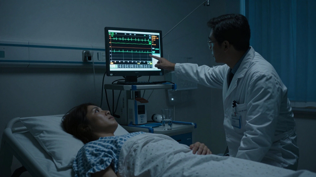 Врач указывает на монитор с растущим креатинином, пациент спокоен, в комнате — ночная больничная атмосфера.