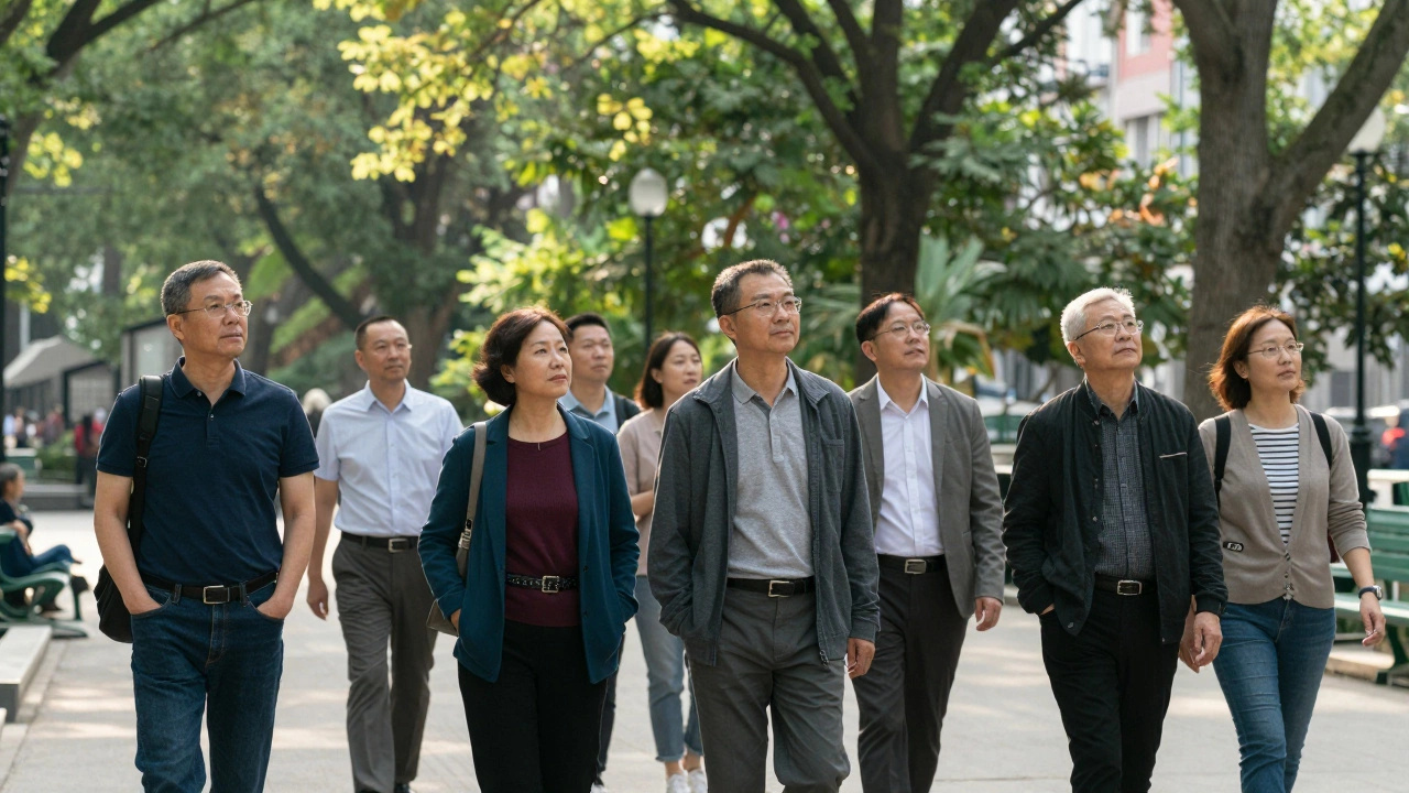 Взрослые гуляют в парке, смотрят вдаль, не носят очки, дневной свет и деревья вокруг.