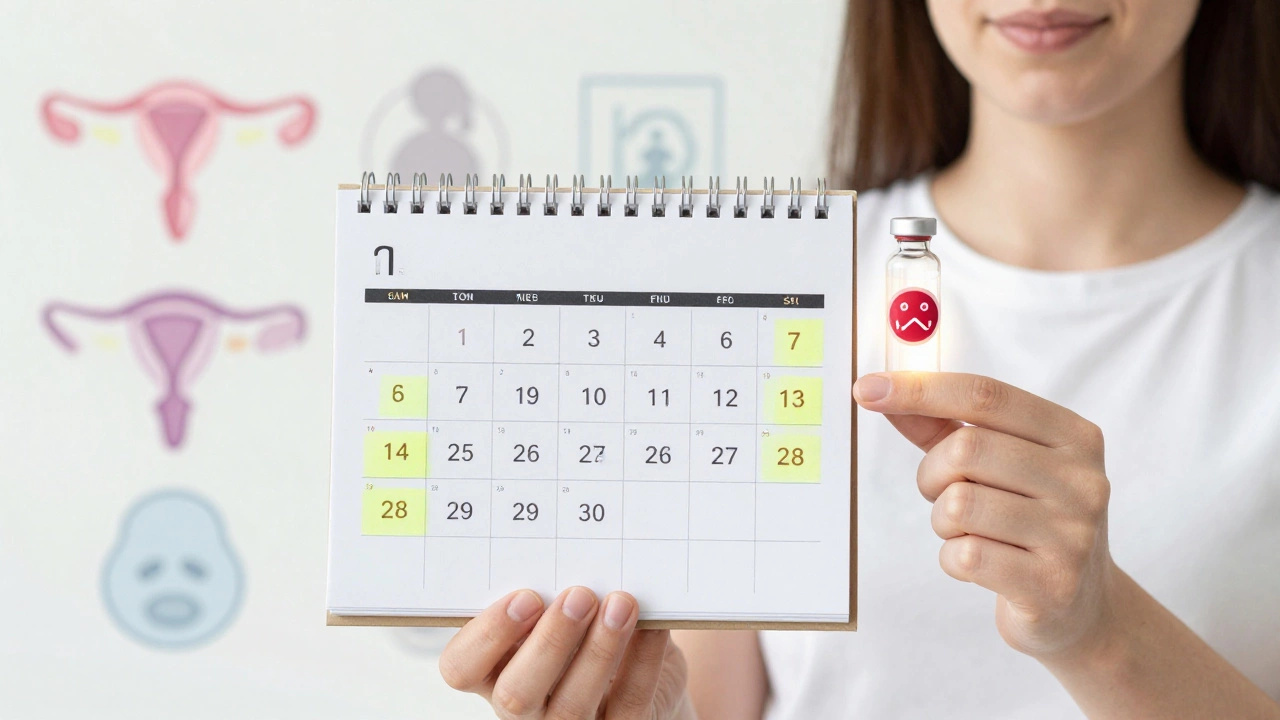 Женщина с календарем, выделяющим дни для сдачи гормонов, рядом — пробирка с прогестероном.