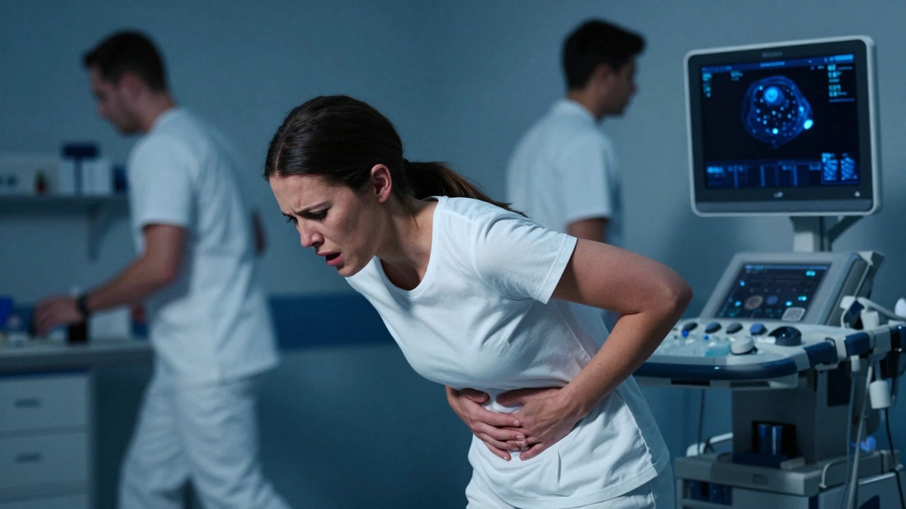 Женщина склонилась от острой боли в животе, в фоне — экстренная медицинская обстановка.