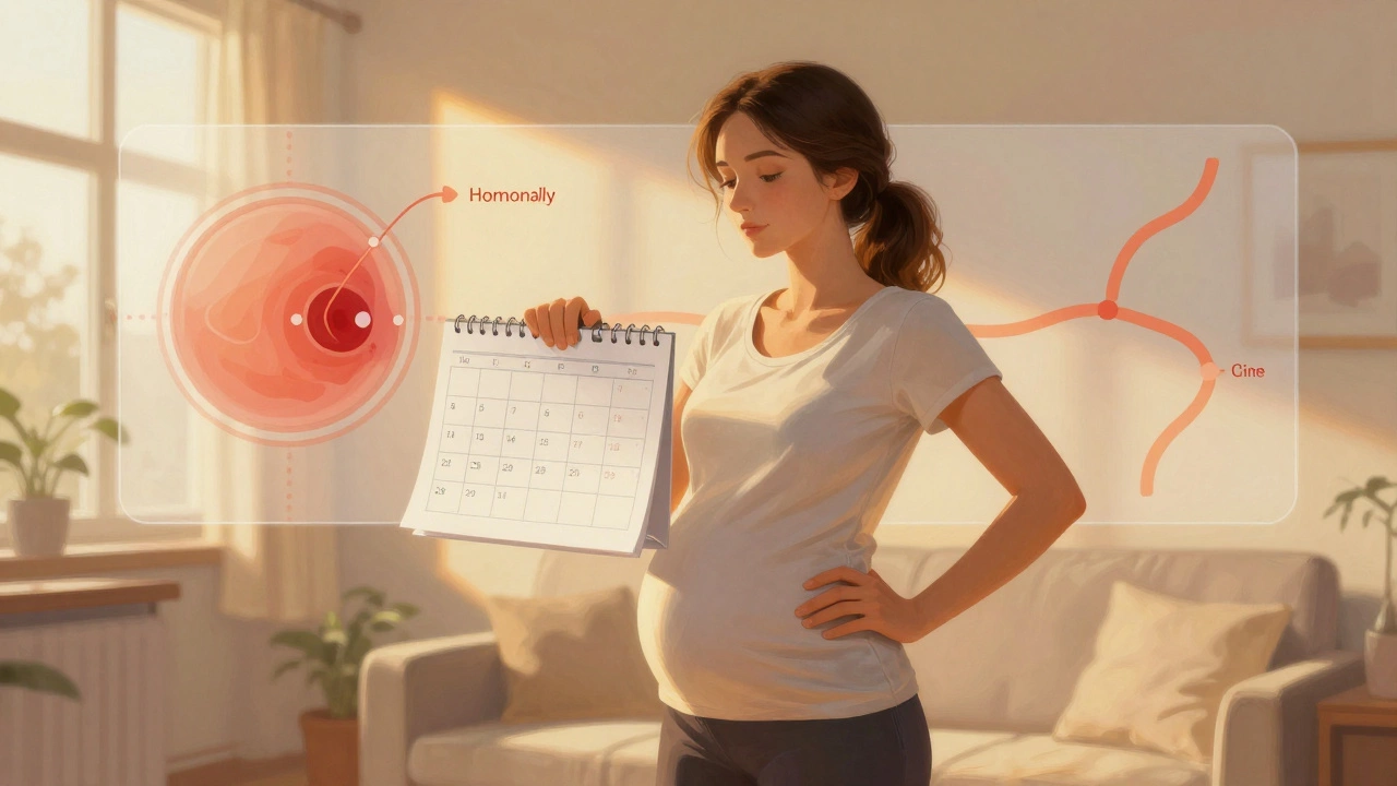 Женщина смотрит на календарь с плановыми визитами, символизируя контроль и спокойствие.