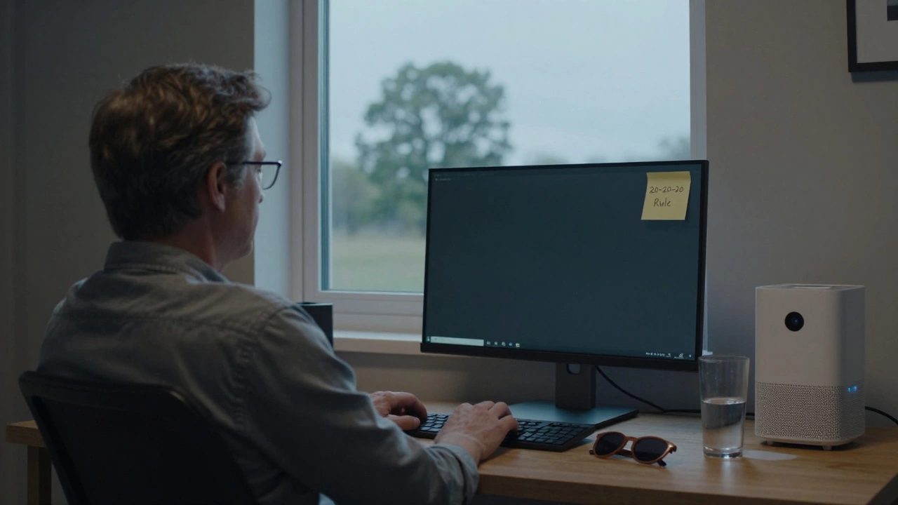 Человек делает перерыв на работе, смотрит вдаль из окна, на столе очки и вода.