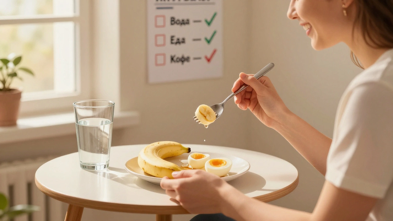 Человек ест банан и варёное яйцо после сдачи крови, рядом стакан воды и солнечный свет.