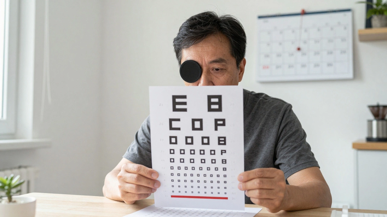 Человек проверяет зрение с помощью сетки Амслера, замечая искажения линий.