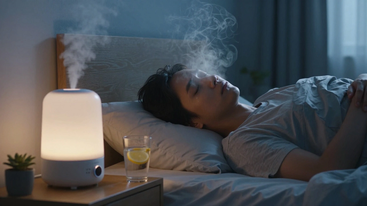 Человек спит на спине, рядом — увлажнитель воздуха и стакан воды с лимоном.