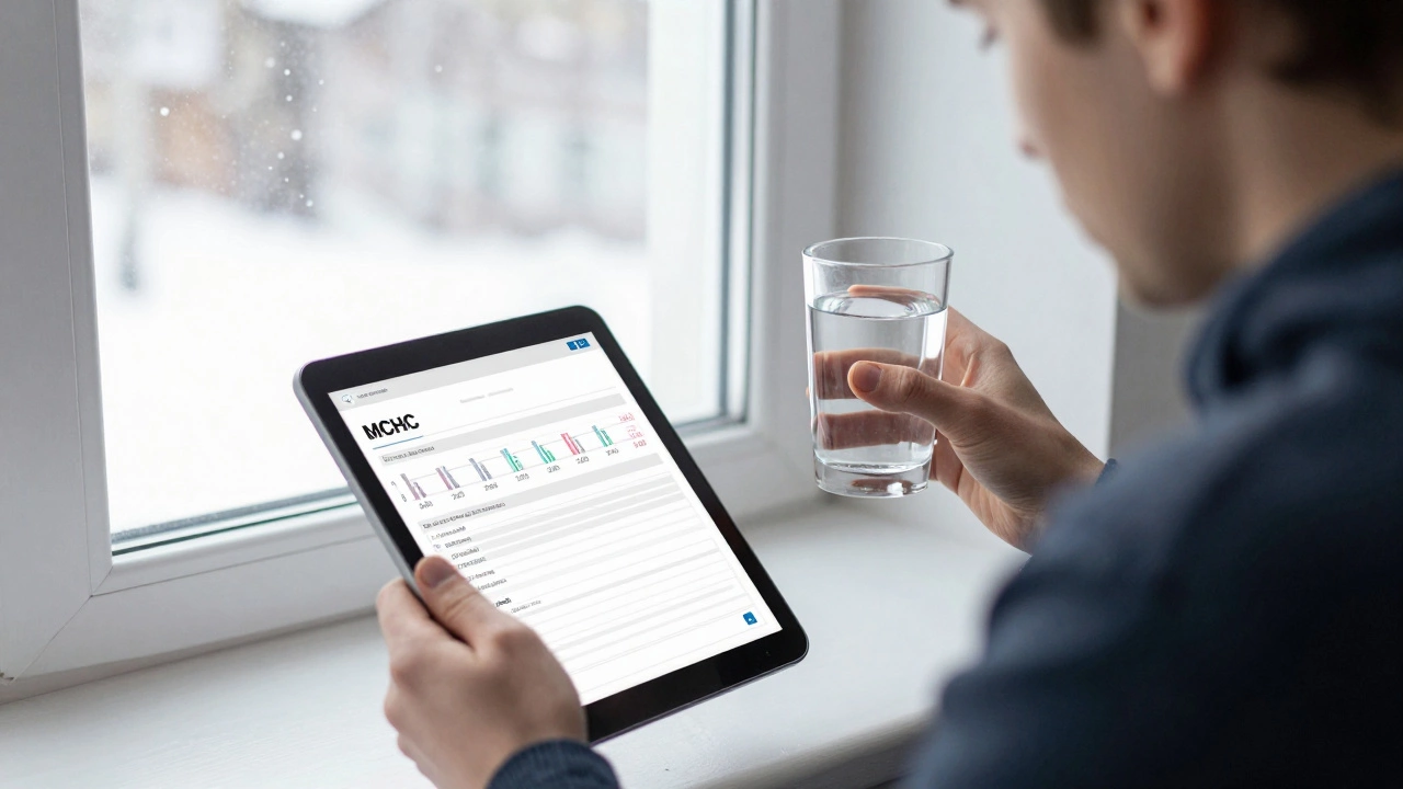 Человек в зимней одежде смотрит на результат анализа крови, рядом стакан воды, за окном снег.