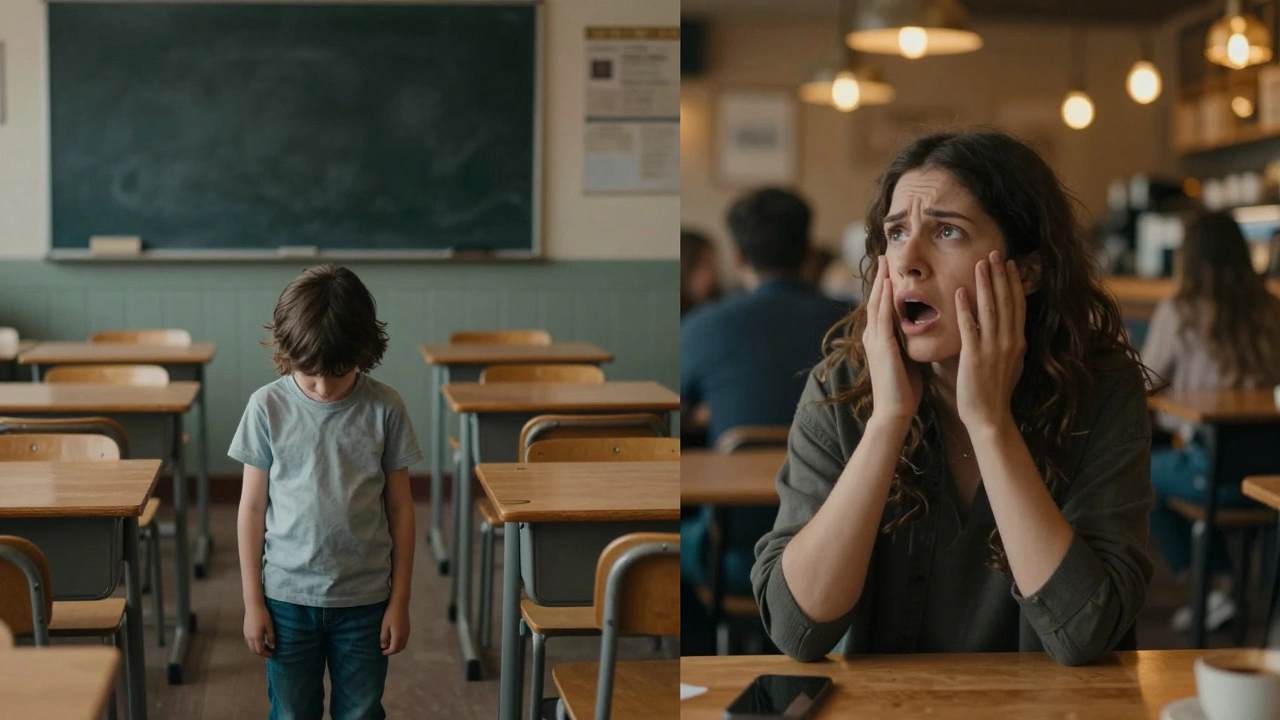 Два изображения: ребенок в пустом классе и взрослый, паникующий в кафе — травма, переживаемая через время.