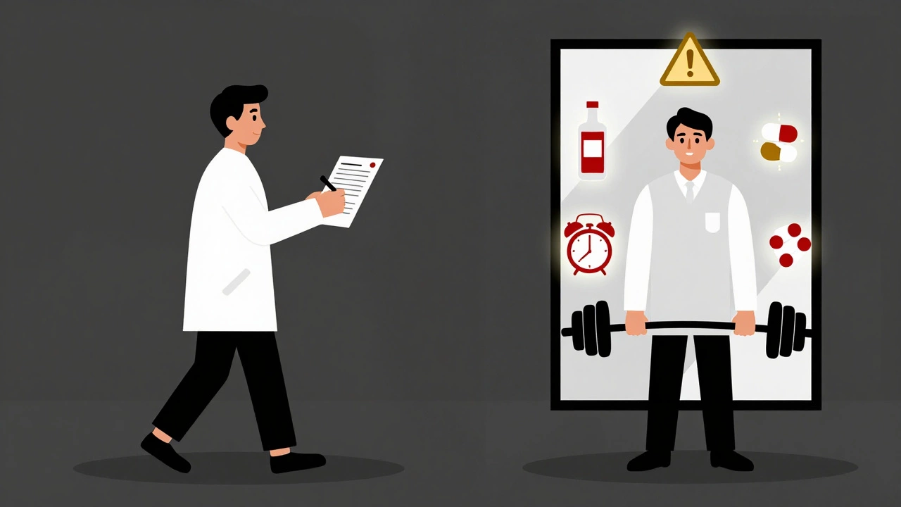 Два лица одного человека: одно уверенно идёт в клинику, другое отражение с предупреждающими символами.