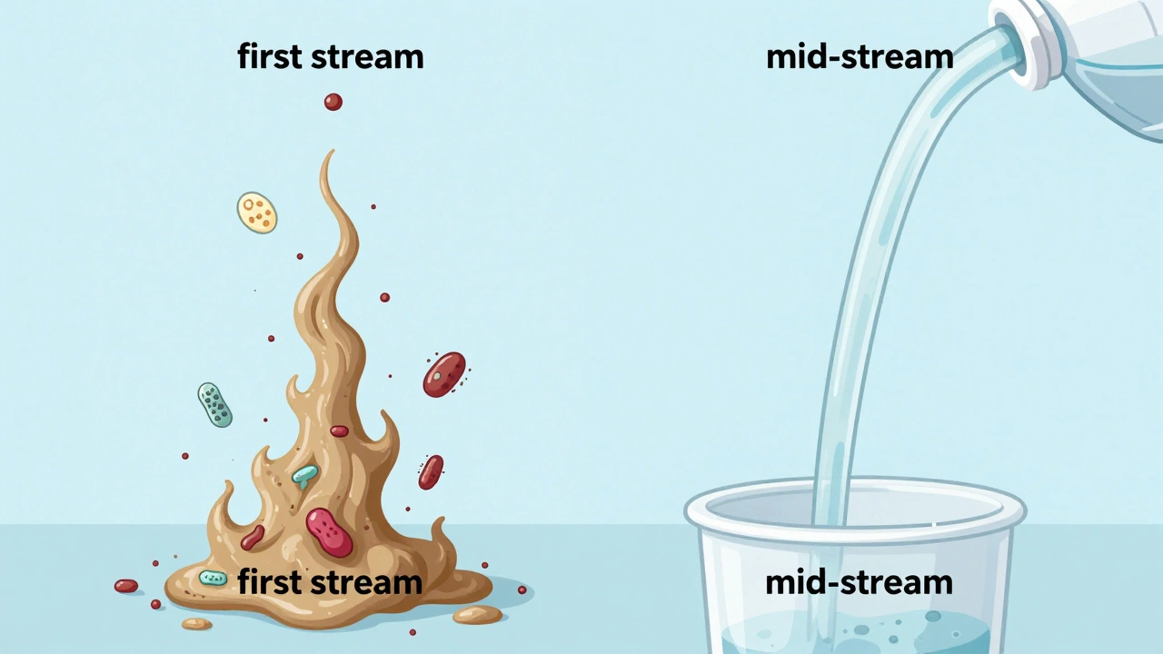 Два потока мочи: загрязнённый и чистый — визуальное сравнение для понимания правильного сбора анализа.