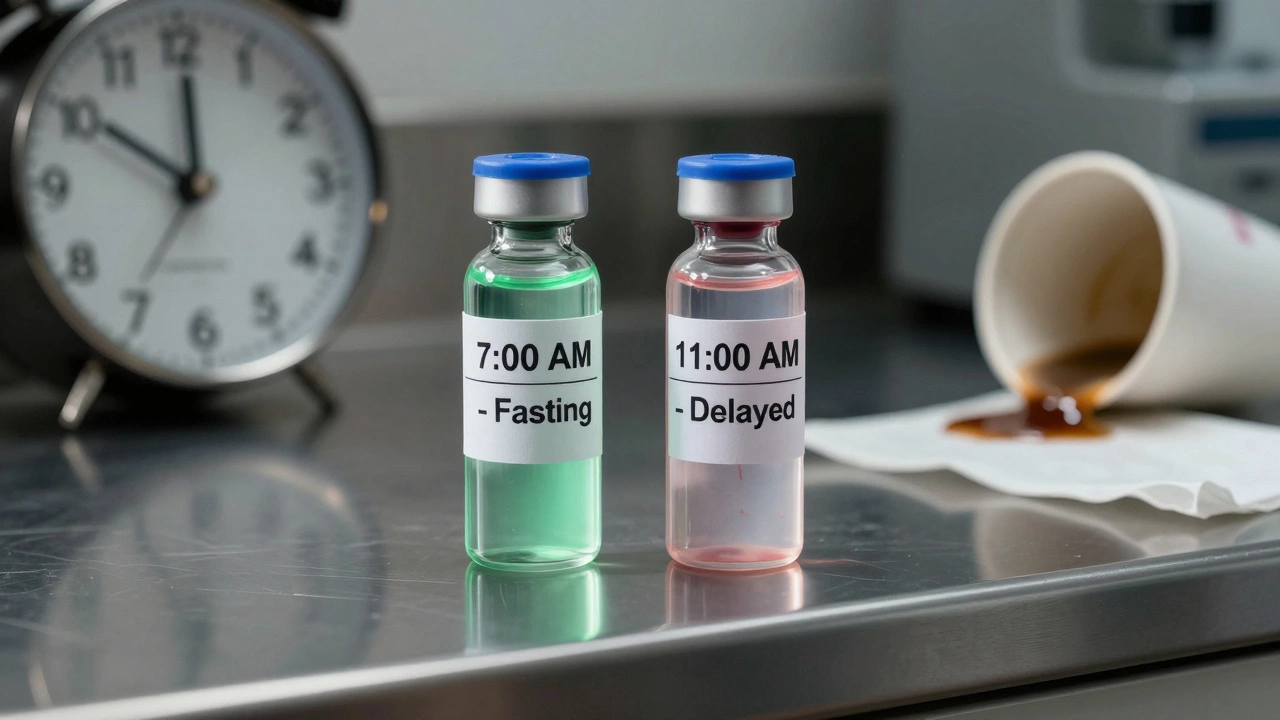 Две пробирки с кровью: одна — утренняя, чистая, другая — поздняя, искажённая.