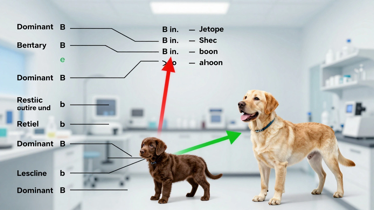 Генетическая схема с генами B и e, показывающая, как инбридинг влияет на здоровье лабрадоров, а не цвет шерсти.