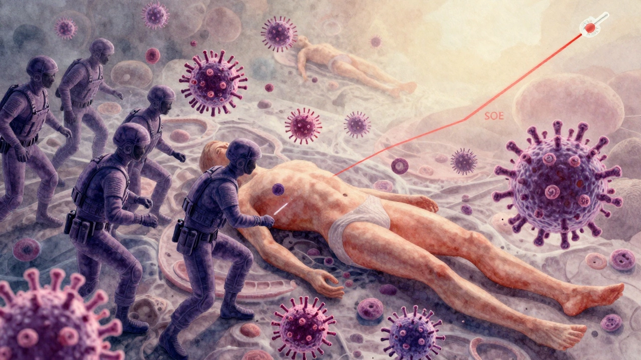 Художественная сцена битвы лимфоцитов против вирусов внутри тела