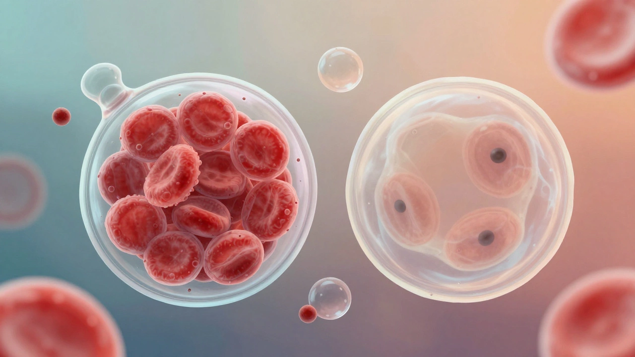 Концептуальное изображение эритроцита с разной степенью наполнения гемоглобином и символами воды и железа.