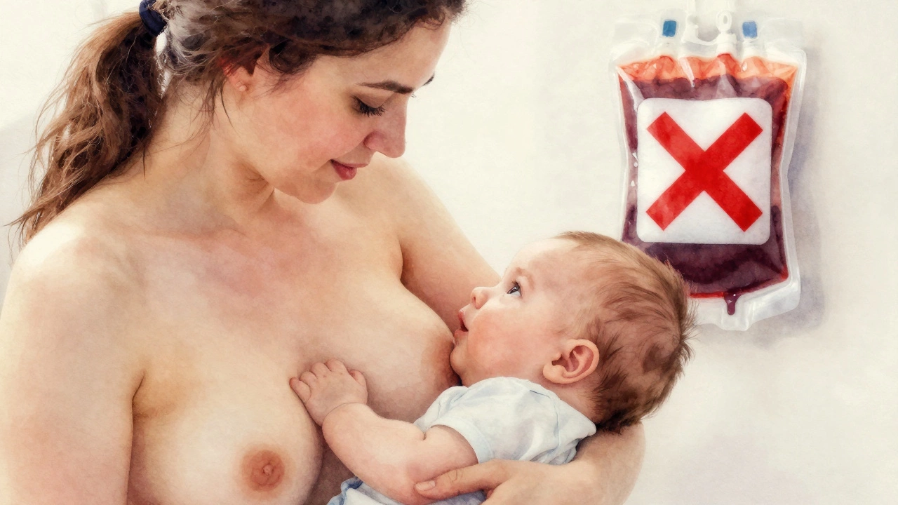 Кормящая женщина с запрещающим знаком над сумкой для крови