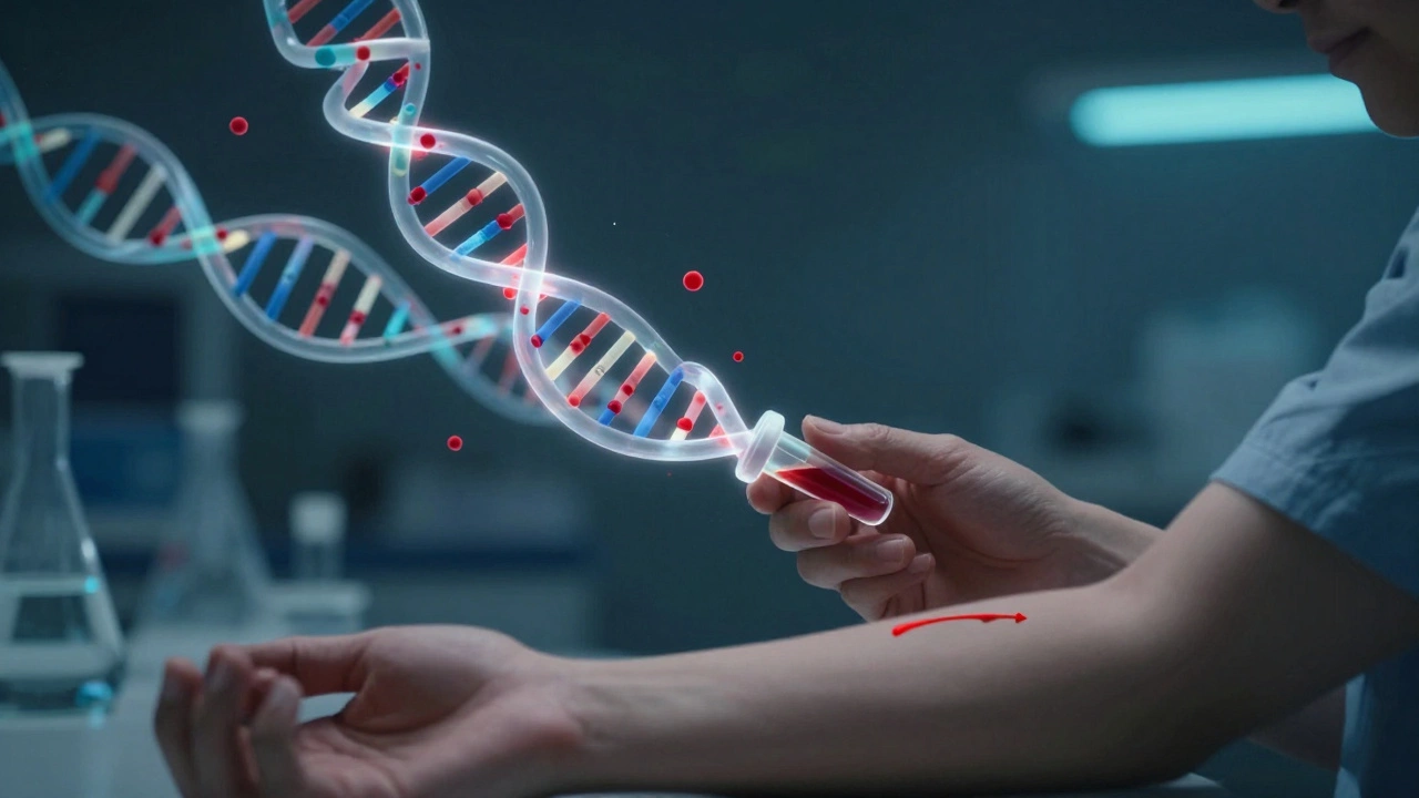 Кровь с плавающими фрагментами ДНК: мутации подсвечены красным, здоровые цепи — синими.