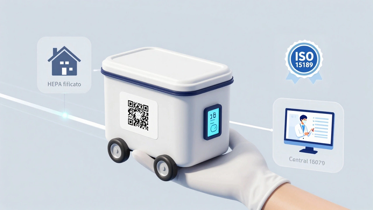 Курьерский термоконтейнер с QR-кодом и мониторингом температуры при транспортировке образцов.