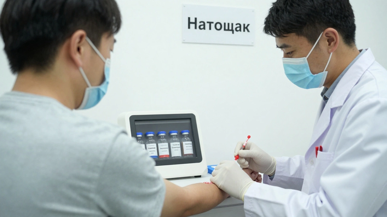 Медсестра берёт кровь у пациента, на стене видна надпись 'Натощак' и этикетки с анализами.