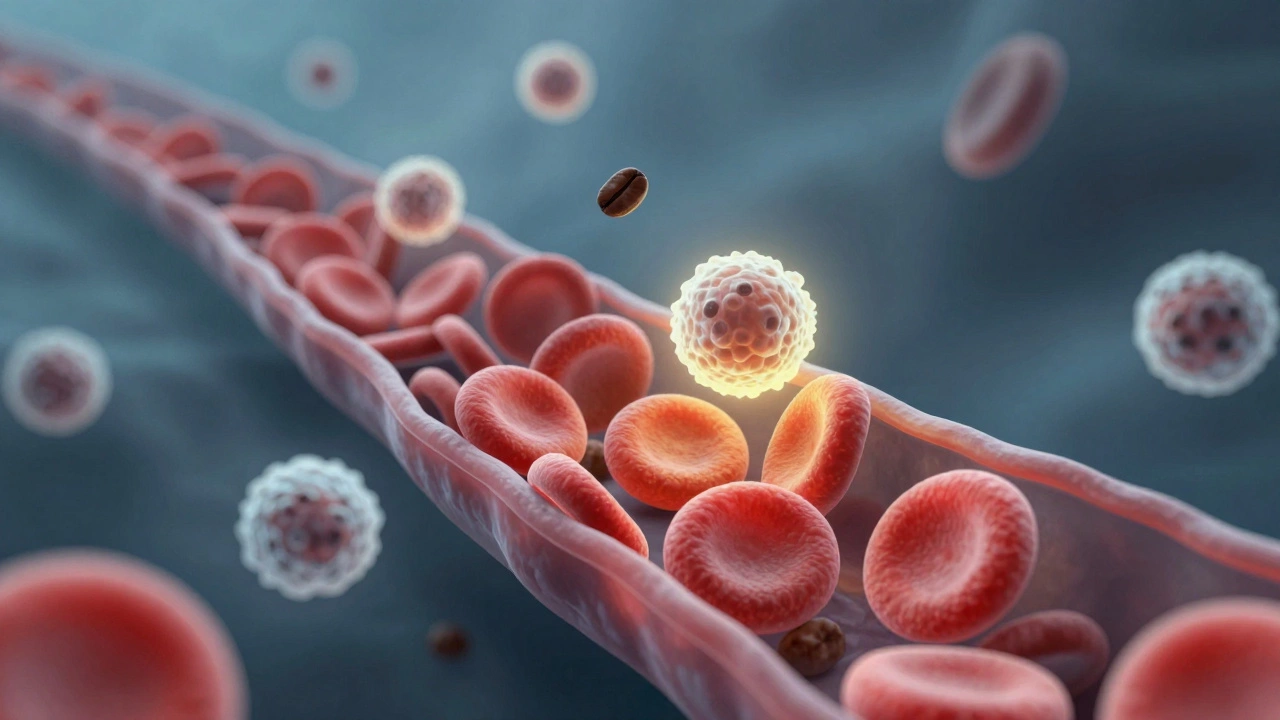 Микроскопический вид крови с повышенными лейкоцитами и глюкозой из-за кофеина.