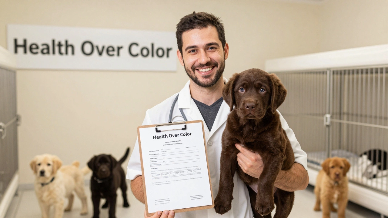 Ответственный заводчик держит щенка лабрадора, показывая документы о здоровье родителей, в чистом помещении с другими щенками.