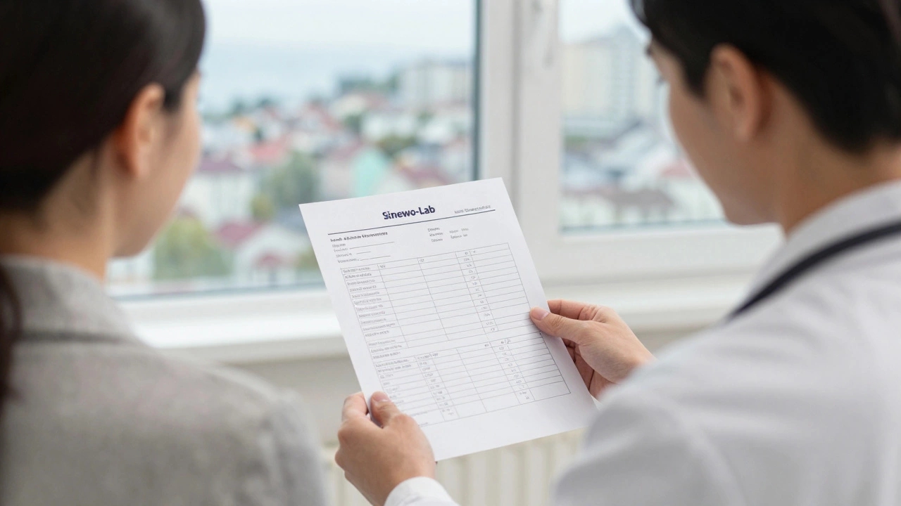 Пациент и врач обсуждают результаты анализов, напечатанные на бланке проверенной лаборатории Приморского края.