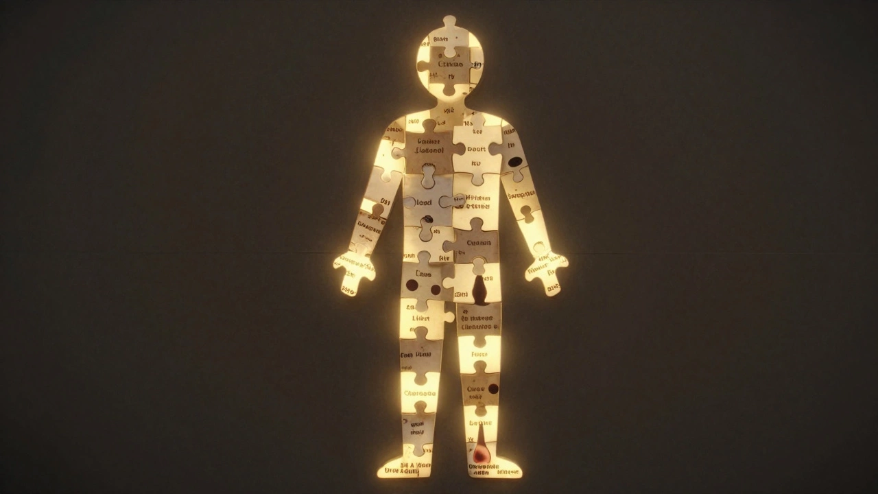 Пазл из лабораторных показателей собирается в силуэт человека, символизируя целостную диагностику.