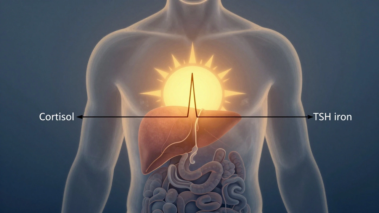 Прозрачное тело с графиками гормонов, пик которых приходится на утро.