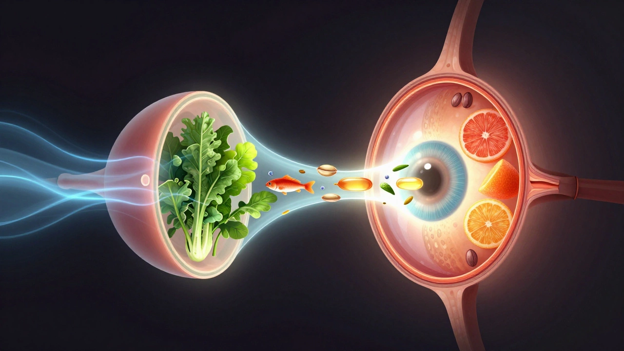 Разрез глаза, показывающий сетчатку, питающуюся питательными веществами из овощей, рыбы и семян.