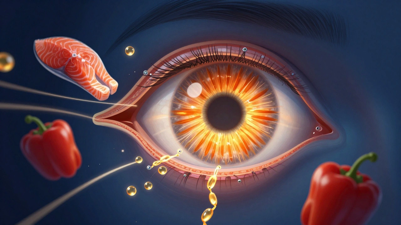 Разрез глаза с видимыми антиоксидантами и омега-3 жирными кислотами, питающими сетчатку.