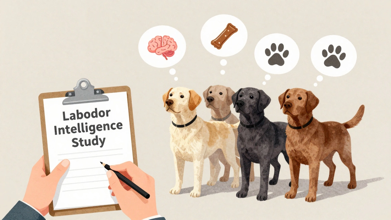 Рука с документом и три лабрадора разных окрасов с одинаковыми символами интеллекта над головами.