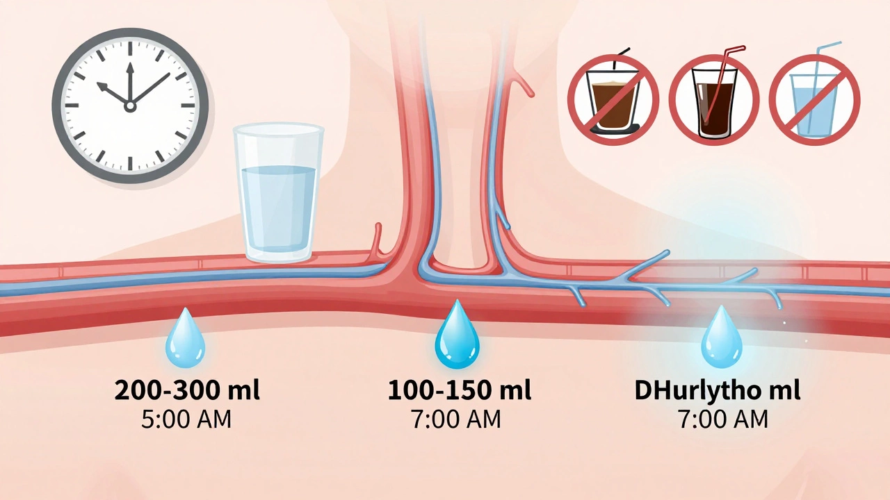 Схема вены с каплями воды, поступающими в кровь в три этапа, с запрещёнными напитками.