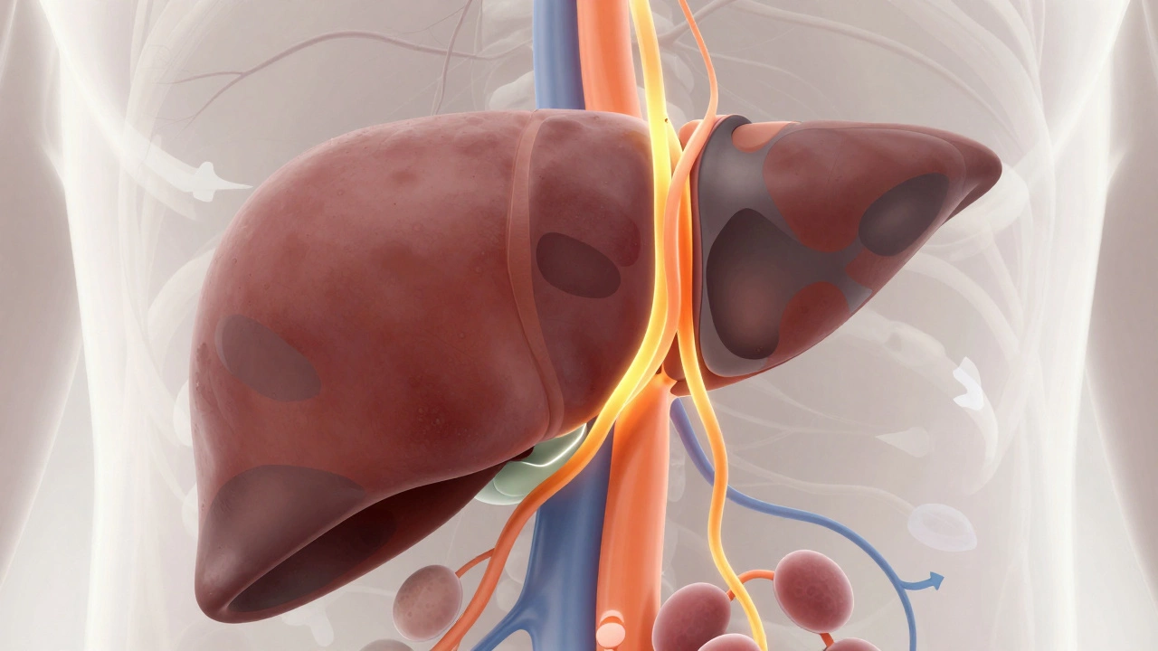 Схематичное изображение печени с течением радиоактивного вещества по клеткам и желчным протокам, активные зоны светятся, поврежденные — темные.