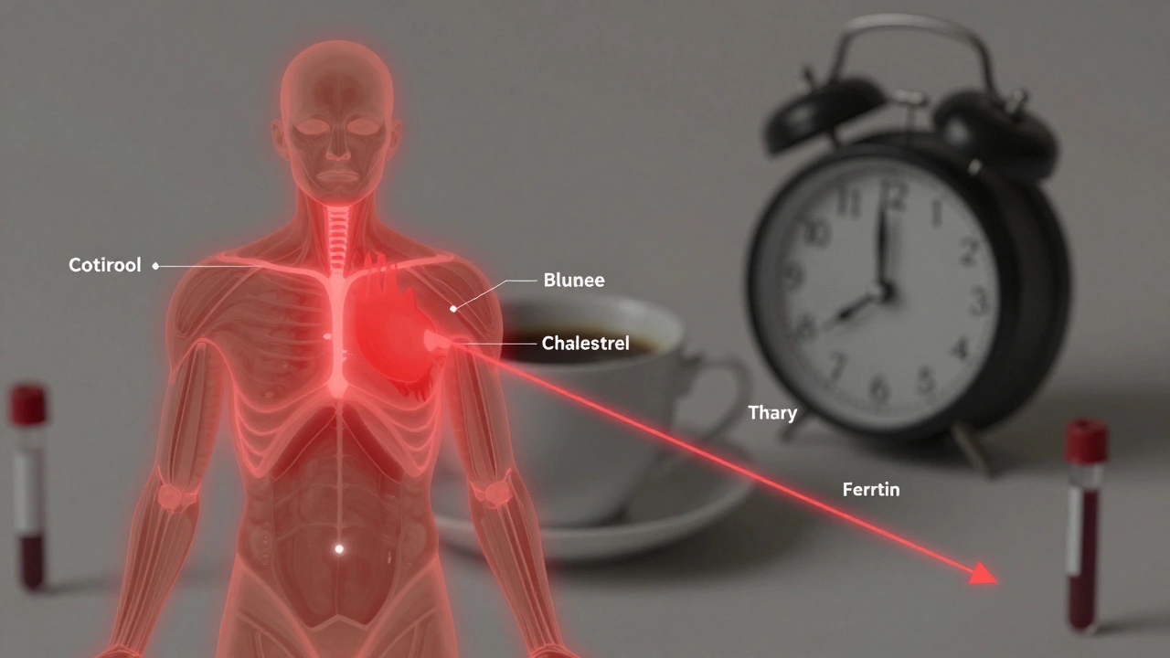 Схематичное изображение тела с ростом кортизола и глюкозы к 11 утру.