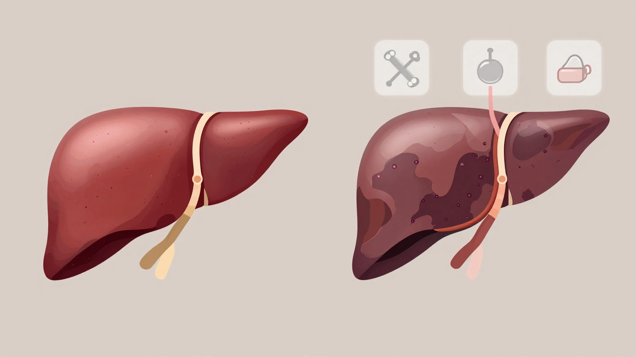Сравнение здоровой и поврежденной печени: слева равномерное распределение маркера, справа — участки без функции и закупорка желчных путей.