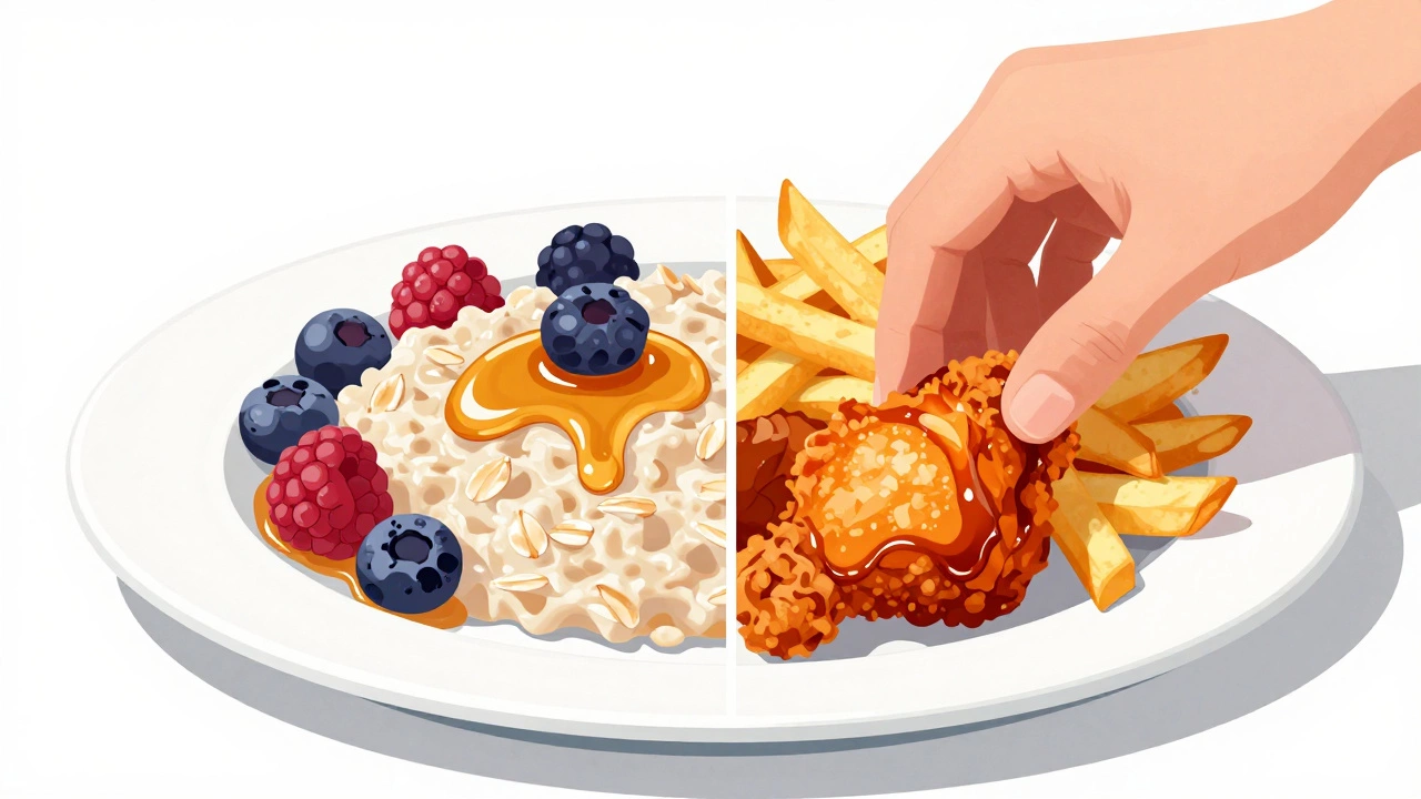 Тарелка с овсянкой и ягодами против жирной пищи