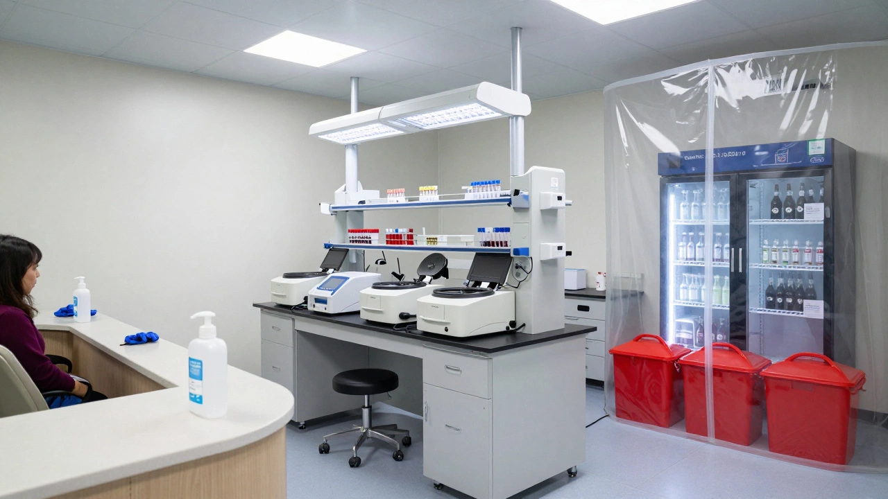 Трехзональная лаборатория: зона приема, рабочая зона и зона биоотходов по санитарным нормам.