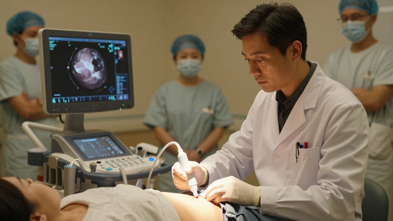 Врач делает биопсию под контролем УЗИ, на экране видна подозрительная опухоль.