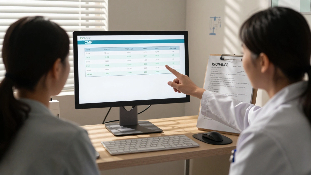 Врач объясняет пациенту результаты CMP с повышенными печеночными ферментами.