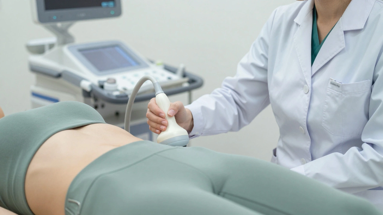 Врач проводит УЗИ, прикладывая датчик к животу лежащей пациентки
