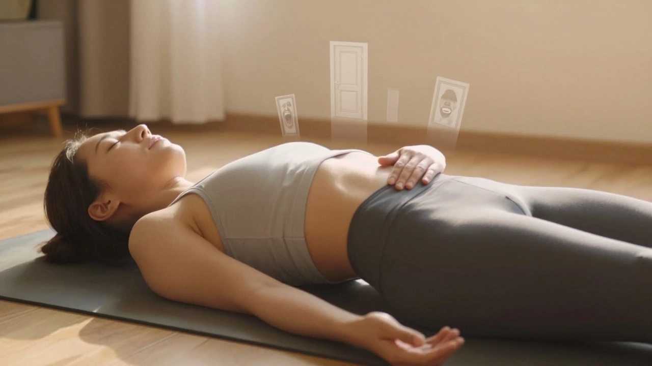 Взрослый человек медитирует на йога-мате, мягкие тени прошлого растворяются в теплом свете — исцеление через тело.