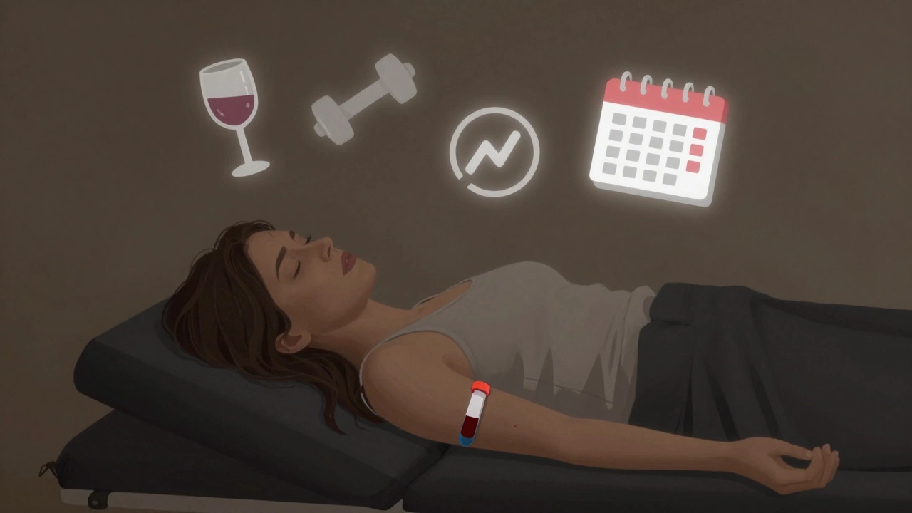 Женщина на осмотре, вокруг неё плавают символы, влияющие на анализ крови: вино, гантели, стресс и менструация.
