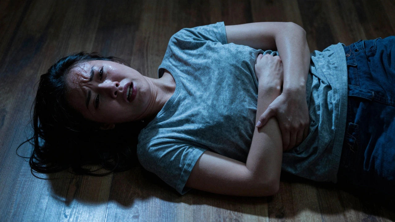 Женщина на полу с сильной болью в животе, выражает страдание, пот на лице