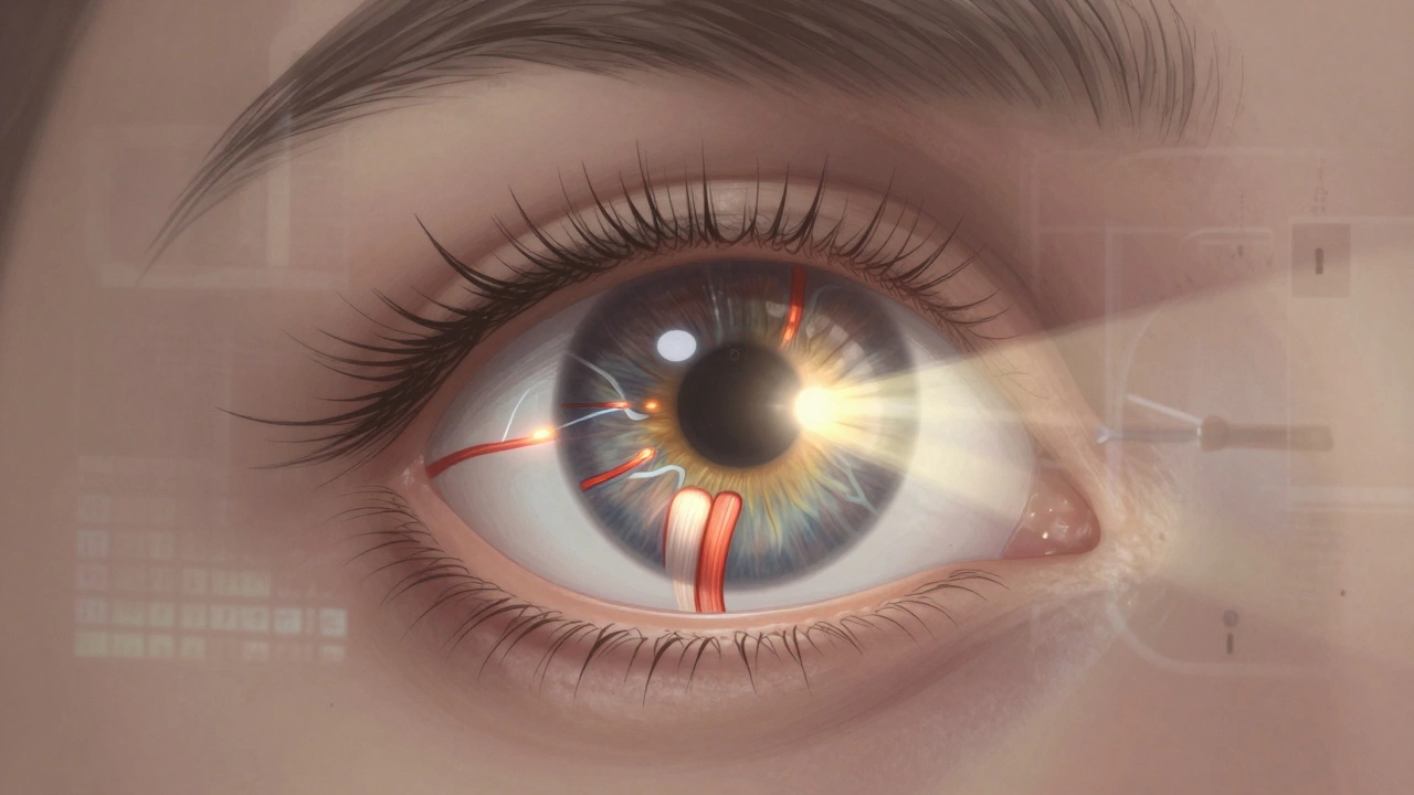 Анатомия глаза с светящимися сосудами и лучом солнца, символизирующим улучшение кровотока.